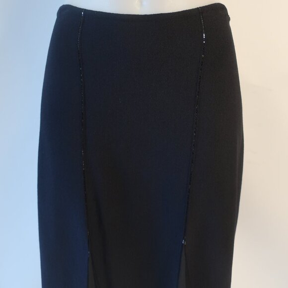 Womens St. John Evening Black Sequin Mixed Media Mesh Knit A-Line Skirt 12 - Picture 6 of 13